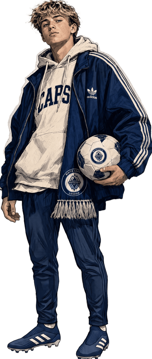 Illustration: a young Whitecaps London player holding a ball under his arm, club scarf around his neck