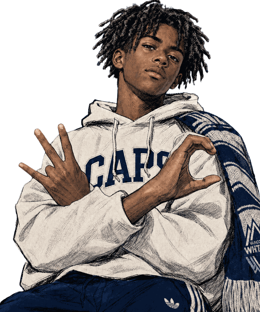 Illustration: a Whitecaps London player in a CAPS hoodie with a club scarf