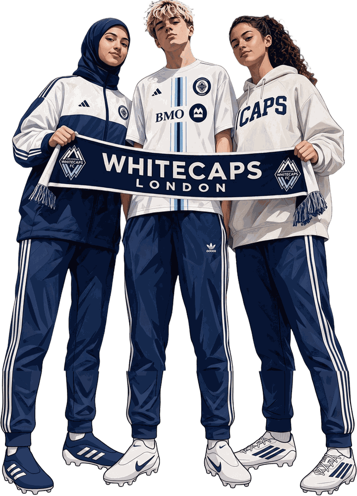 Three illustrated Whitecaps London players holding a club scarf