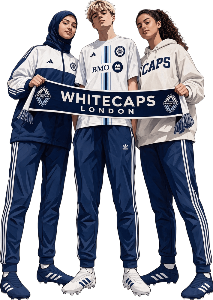 Three Whitecaps London players holding a WHITECAPS LONDON club scarf between them