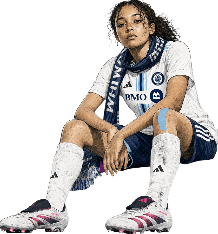 Illustration: a Whitecaps London player seated in club kit, a club scarf around her neck