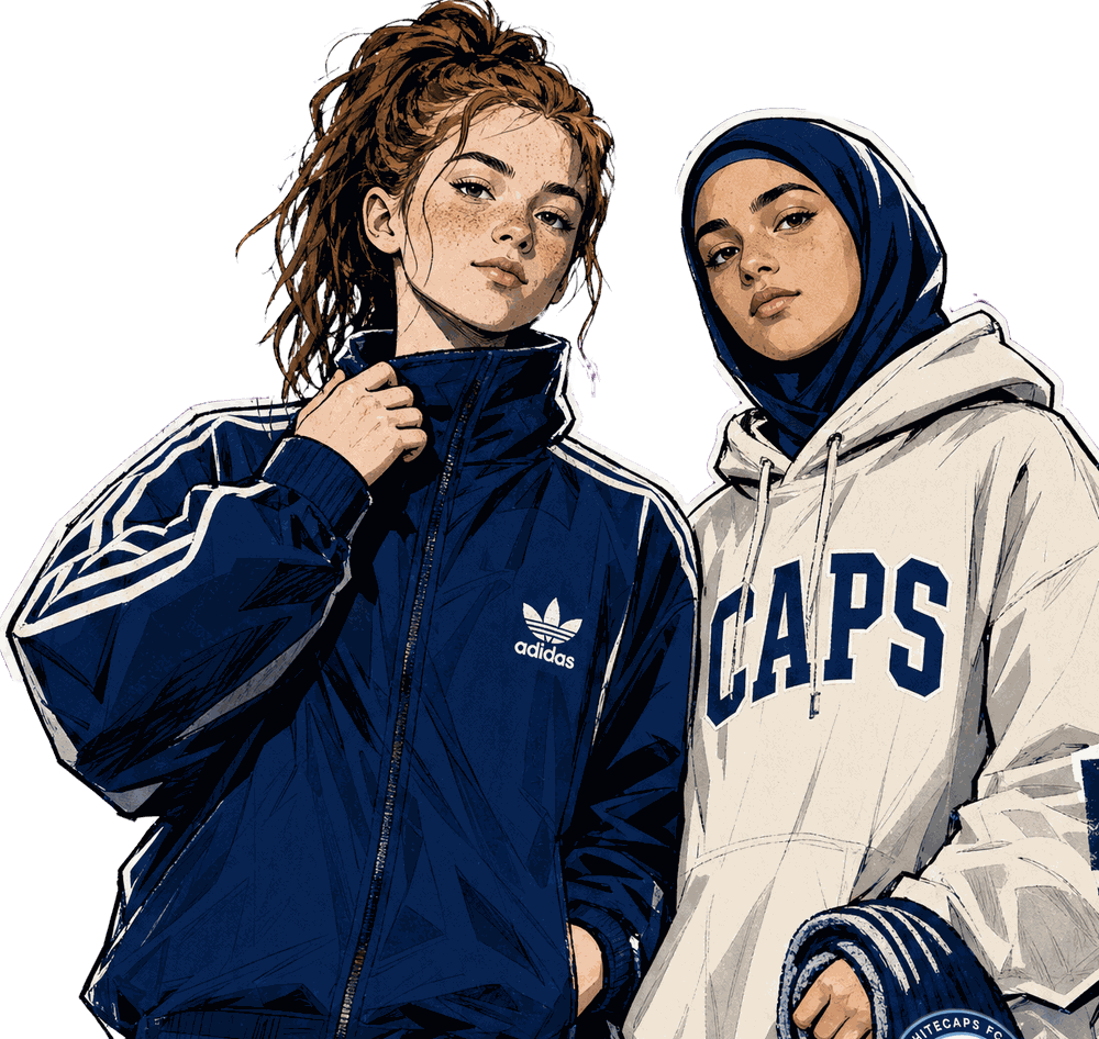 Illustration: two players standing together in club scarves